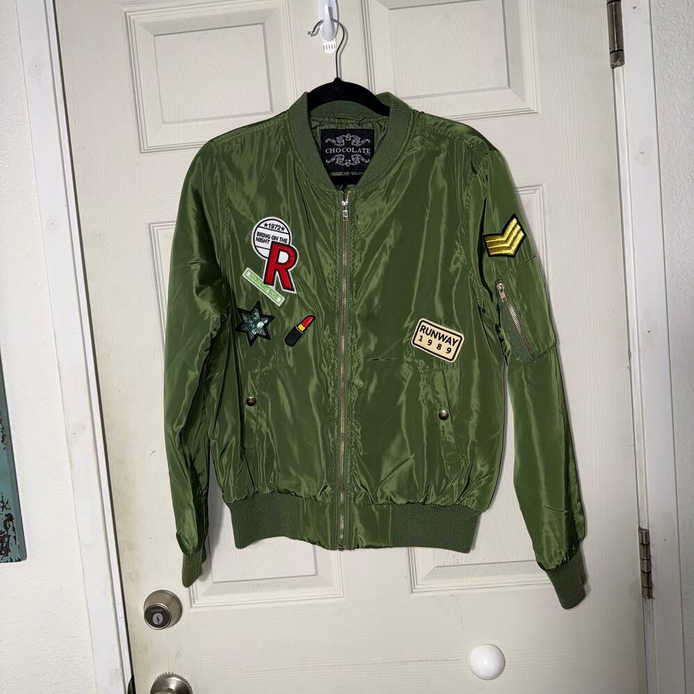 Chocolate USA Green Bomber Jacket with Patches Juniors Size Large Olive Flight